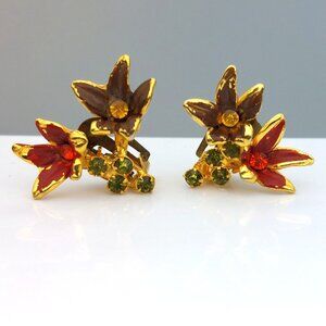 Vintage Austrian Lily Floral Clip-On Earrings Gold Tone & Rhinestones